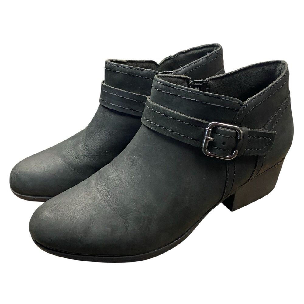 Clarks Adreena Ankle Boots Womens 7.5 Black Suede Buckle Side Zip Block Heel